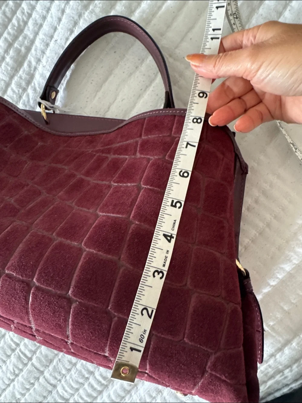 Structured Croc-Embossed Burgundy Suede Top-Handle Satchel